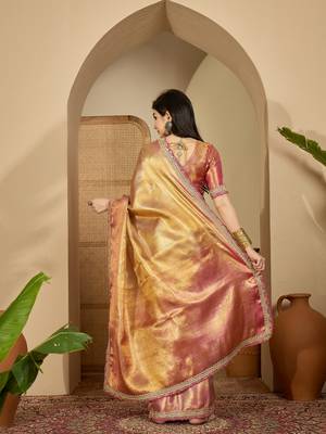women's gold silk blend blend zari saree with unstitched blouse piece 3