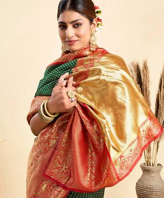 green silk blend banarasi saree with blouse  5