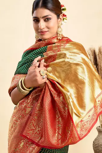 green silk blend banarasi saree with blouse 