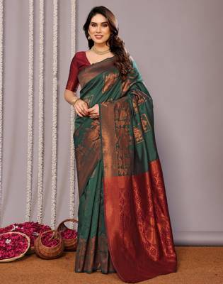green silk blend banarasi saree with blouse  1
