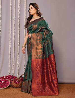 green silk blend banarasi saree with blouse  2