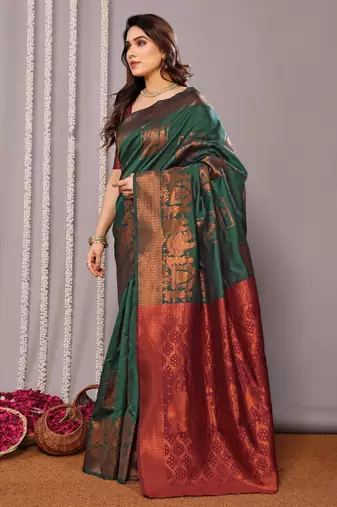 green silk blend banarasi saree with blouse 