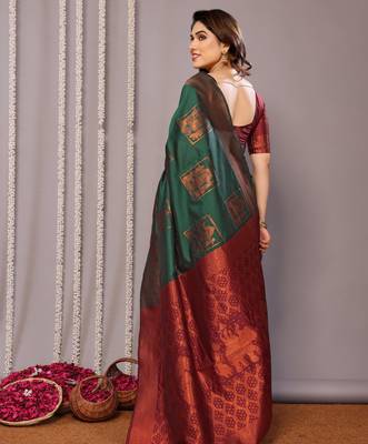 green silk blend banarasi saree with blouse  3