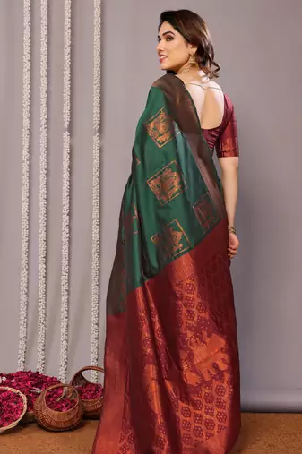 green silk blend banarasi saree with blouse 