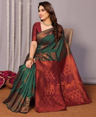 green silk blend banarasi saree with blouse  4