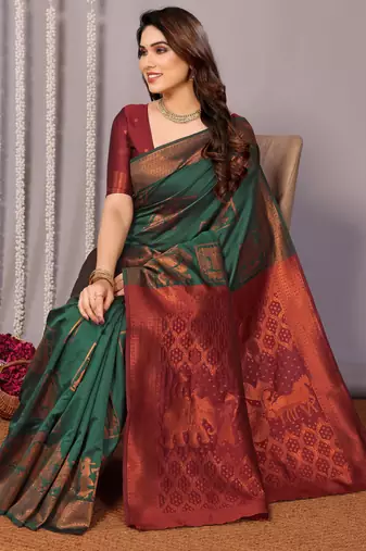 green silk blend banarasi saree with blouse 