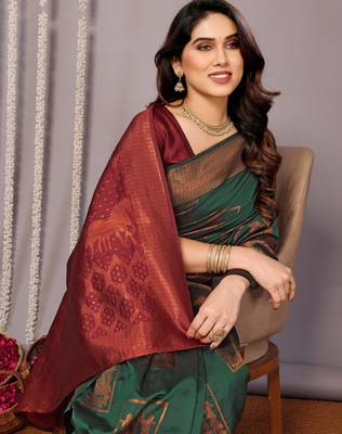 green silk blend banarasi saree with blouse  5