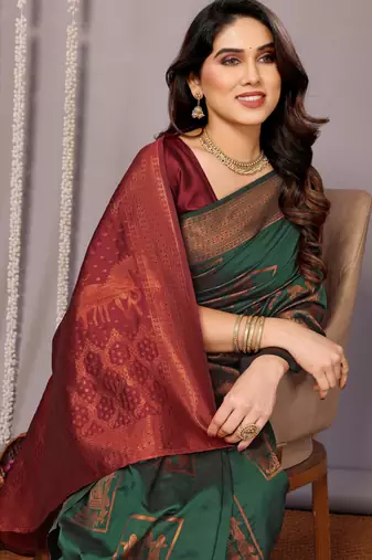 green silk blend banarasi saree with blouse 