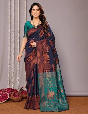 navy blue silk blend banarasi saree with blouse  1
