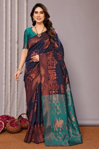 navy blue soft art silk banarasi saree with blouse 