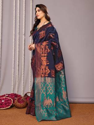 navy blue silk blend banarasi saree with blouse  2