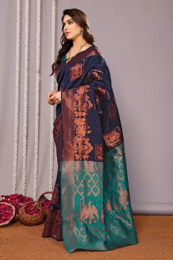 navy blue silk blend banarasi saree with blouse 