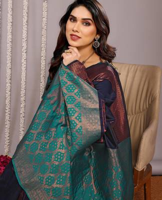 navy blue silk blend banarasi saree with blouse  3