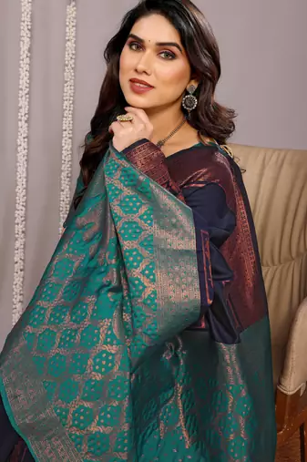 navy blue silk blend banarasi saree with blouse 