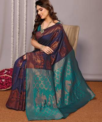 navy blue silk blend banarasi saree with blouse  4
