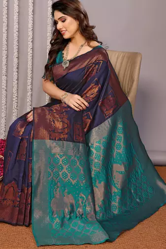 navy blue silk blend banarasi saree with blouse 