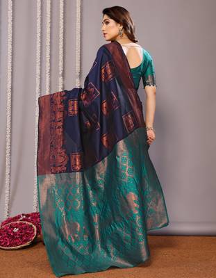 navy blue silk blend banarasi saree with blouse  5
