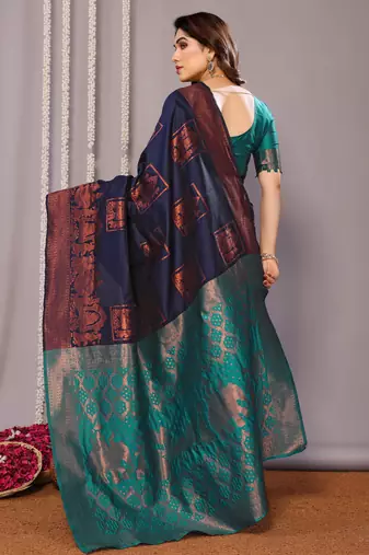 navy blue silk blend banarasi saree with blouse 