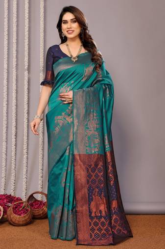 turquoise soft art silk banarasi saree with blouse 