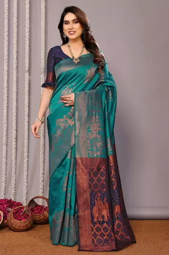 turquoise soft art silk banarasi saree with blouse 