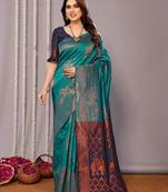 turquoise soft art silk banarasi saree with blouse 