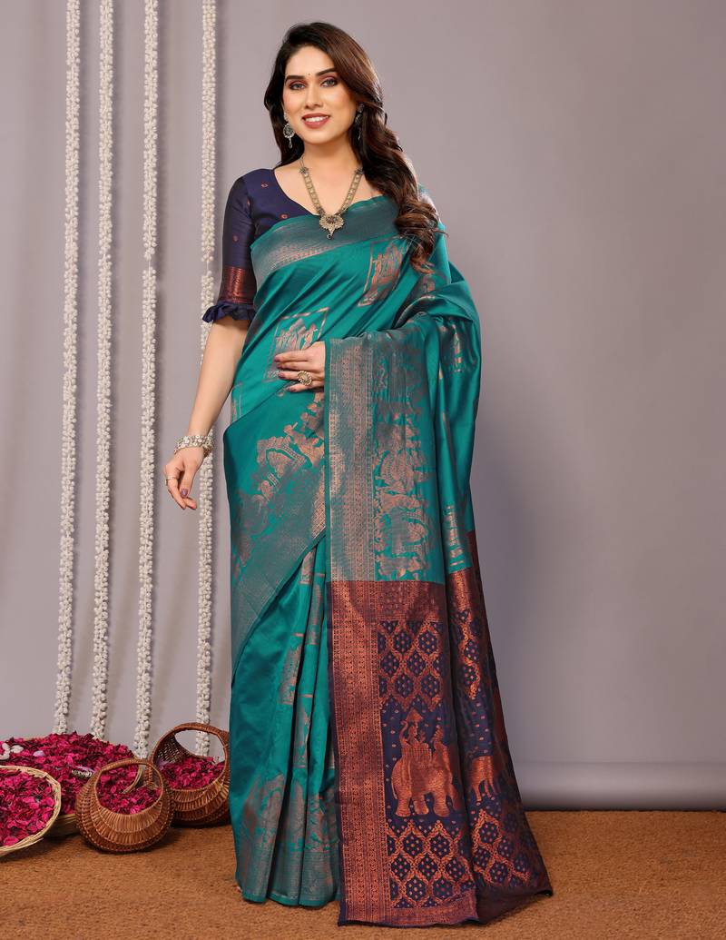 turquoise soft art silk banarasi saree with blouse 