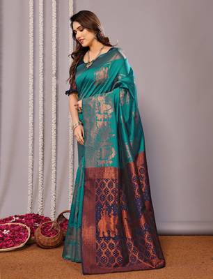 turquoise silk blend banarasi saree with blouse  2