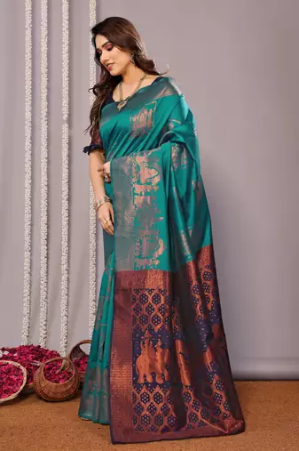 turquoise silk blend banarasi saree with blouse 