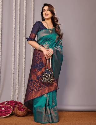turquoise silk blend banarasi saree with blouse  3
