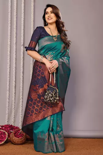 turquoise silk blend banarasi saree with blouse 