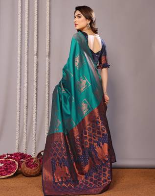 turquoise silk blend banarasi saree with blouse  5