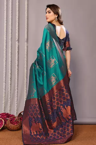turquoise silk blend banarasi saree with blouse 