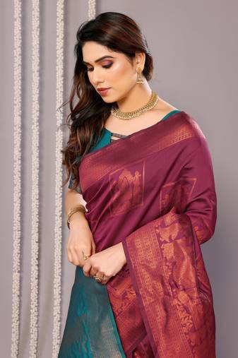 wine soft art silk banarasi saree with blouse 