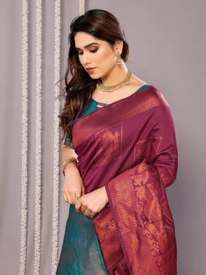 wine silk blend banarasi saree with blouse  1