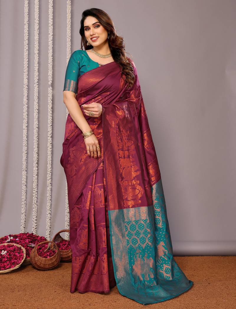 wine soft art silk banarasi saree with blouse 