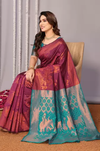 wine silk blend banarasi saree with blouse 