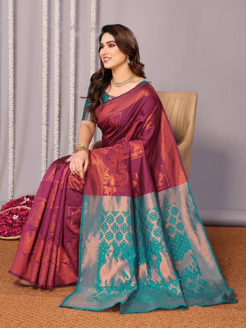 wine soft art silk banarasi saree with blouse 