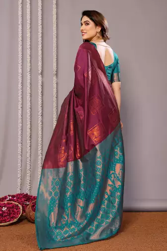 wine silk blend banarasi saree with blouse 