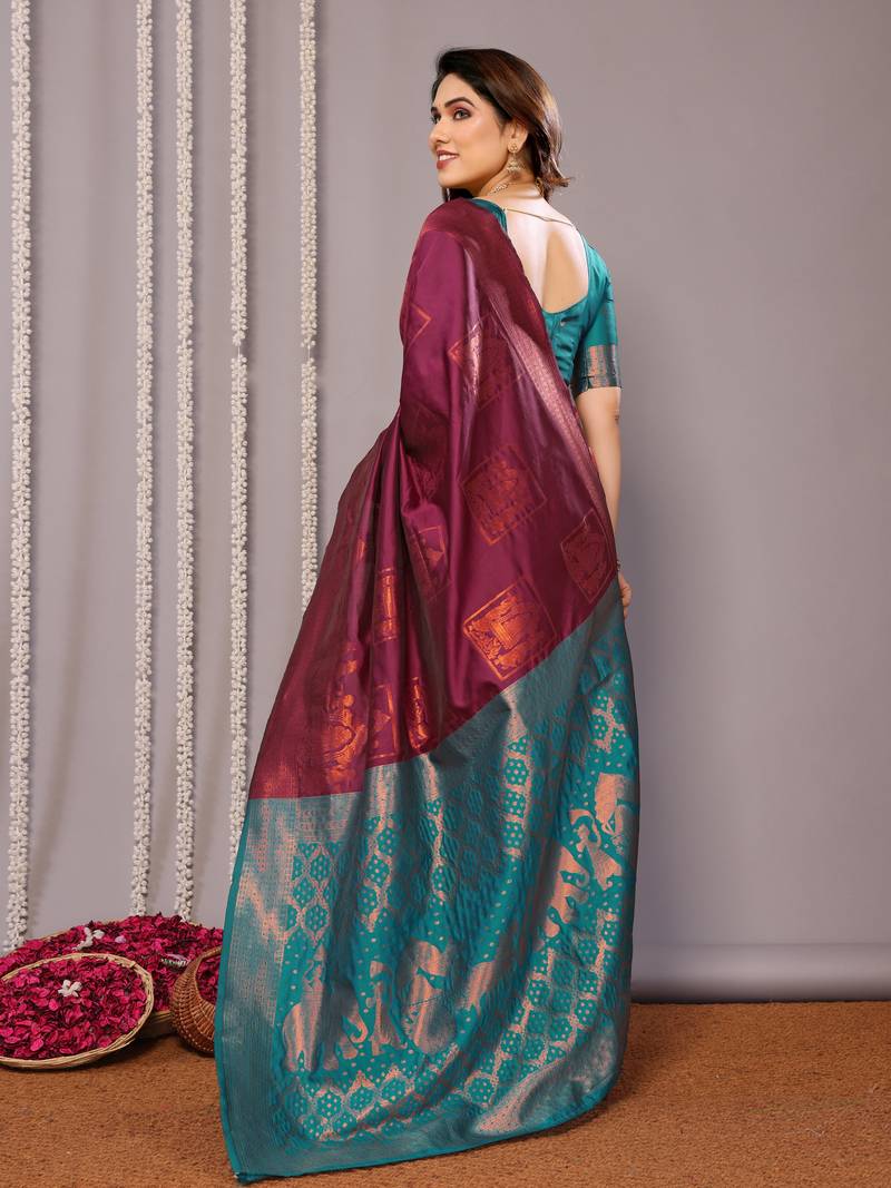 wine soft art silk banarasi saree with blouse 