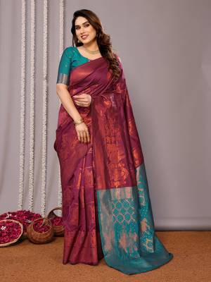 wine silk blend banarasi saree with blouse  4