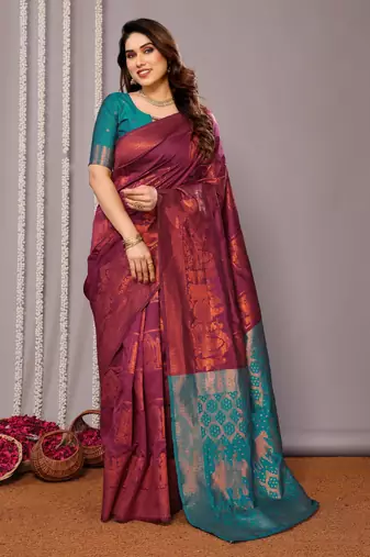 wine silk blend banarasi saree with blouse 
