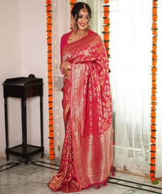 pink silk blend banarasi saree with blouse  1