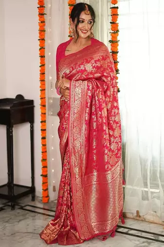 pink soft art silk banarasi saree with blouse 