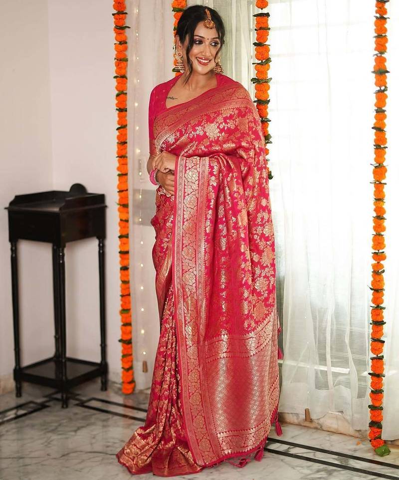 pink soft art silk banarasi saree with blouse 