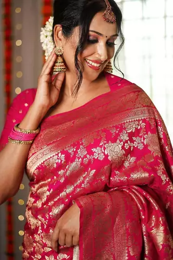 pink silk blend banarasi saree with blouse 