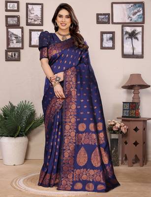 blue silk blend banarasi saree with blouse  1
