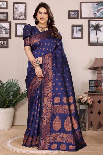 blue soft art silk banarasi saree with blouse 