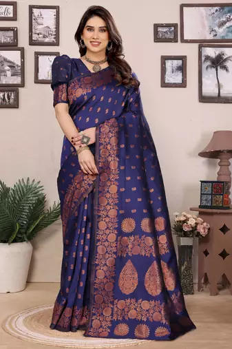 blue soft art silk banarasi saree with blouse 