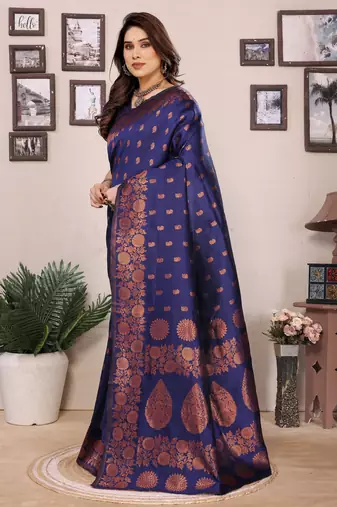 blue silk blend banarasi saree with blouse 