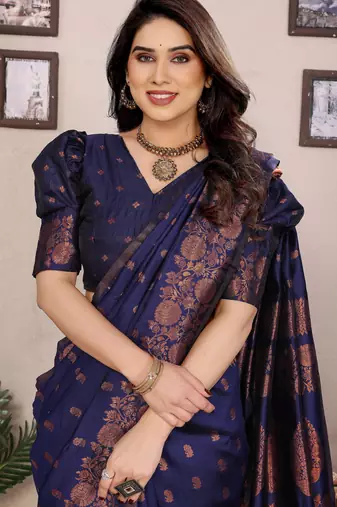 blue silk blend banarasi saree with blouse 